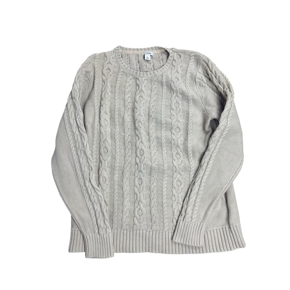 L.L. Bean Cotton Cable Knit Sweater Sz L Neutral Beige Preppy Coastal